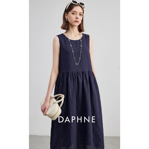 Daphne达芙妮法式亚麻无袖圆领A字连衣裙女夏中长款显瘦优雅裙子