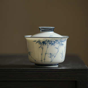 玉瓷釉下彩青花手绘盖碗家用陶瓷竹子泡茶碗功夫茶具茶碗