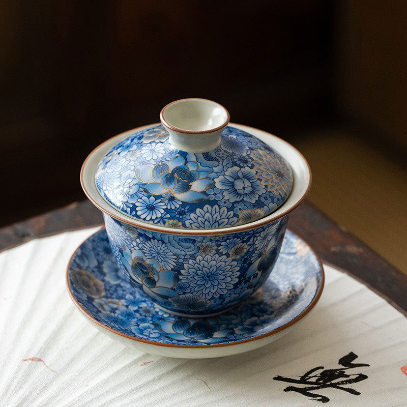 青花繁花三才盖碗陶瓷家用泡茶碗茶杯高档会客功夫茶具茶器