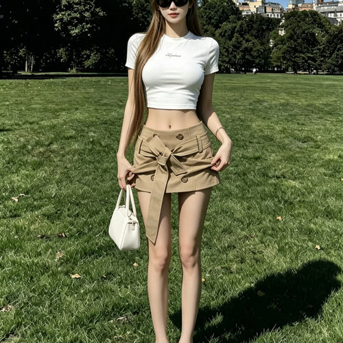 韩系辣妹风修身T恤短裙两件套女