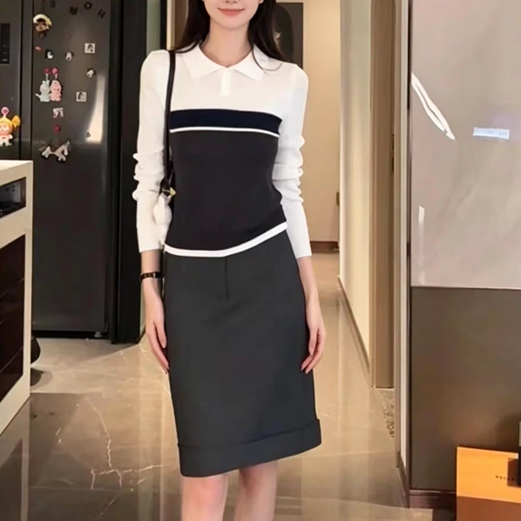 NSCM秋季新款韩系穿搭一整套撞色Polo领针织上衣气质半身裙套装女