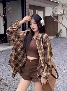 【新款】韩版hiphop撞色格子长袖衬衫宽松慵懒风百搭外套L