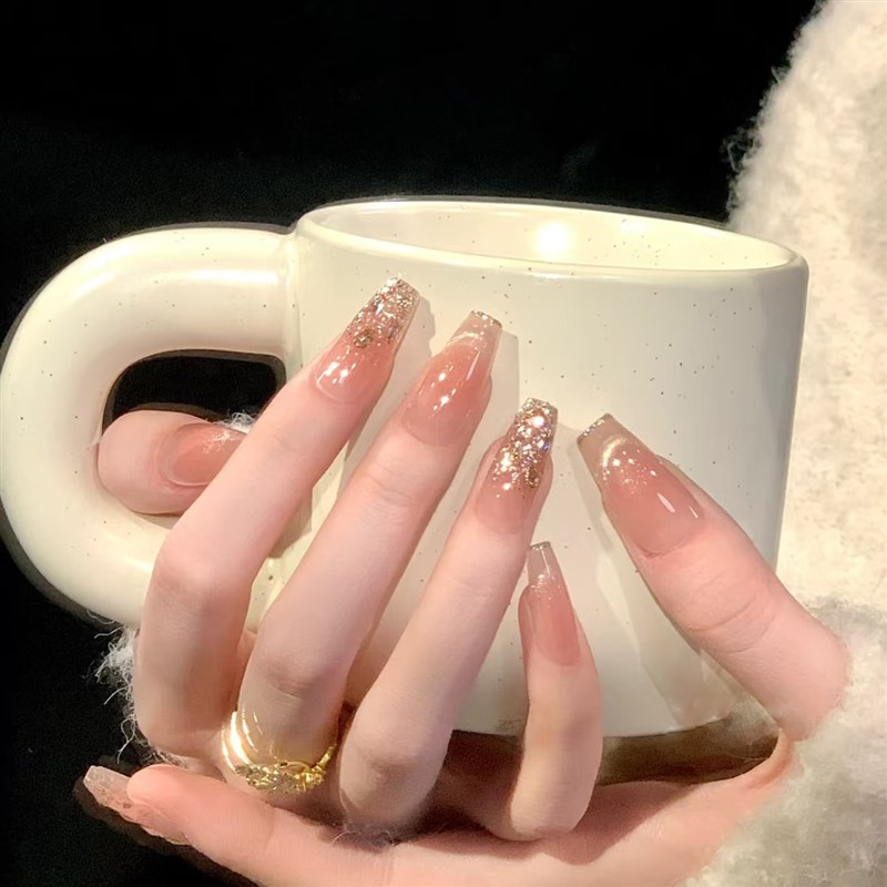 纯手工金色碎钻穿戴甲温柔蜜桃显白美甲甲片金色猫眼轻奢鎏金指甲