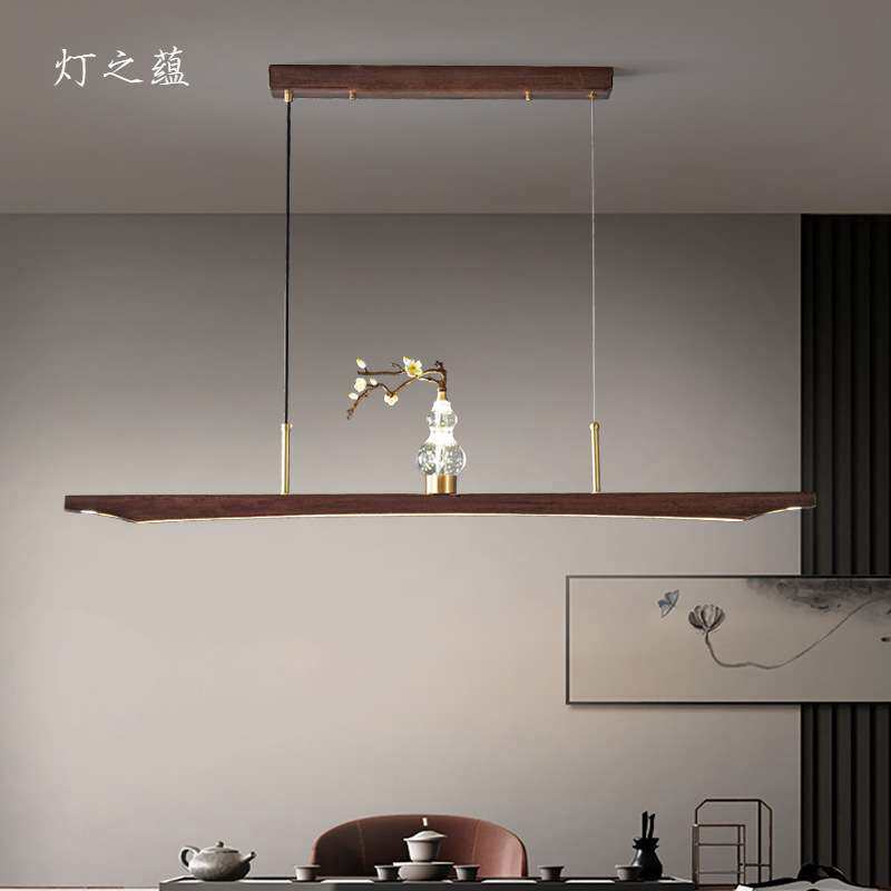 新中式茶室全铜吊灯古典乌檀木茶桌简约长方形办公室灯LED餐厅灯