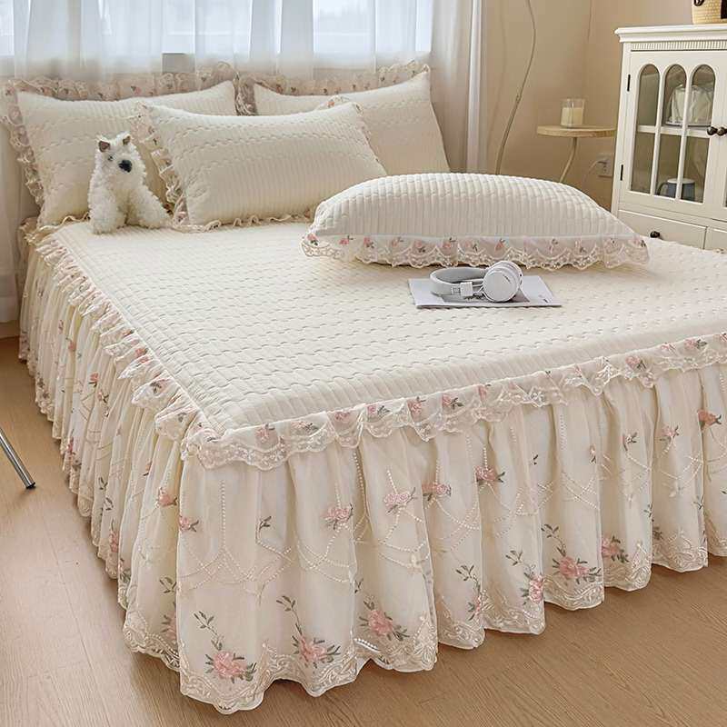韩版公主风皱皱纱夹棉蕾丝床裙式床罩单件加厚防滑花边床垫保护套