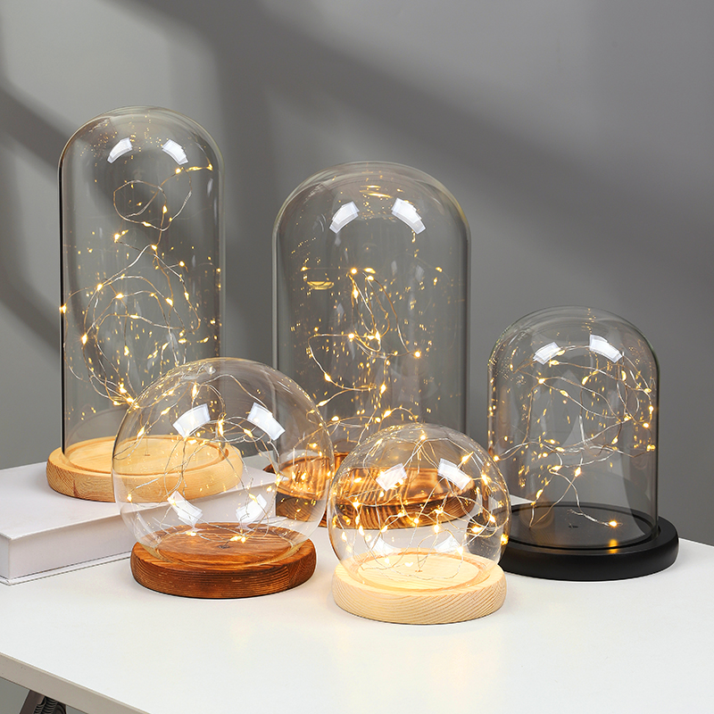 永生花玻璃罩发光底座带灯diy手办盲盒微景观玩偶防尘摆件玻璃罩