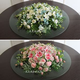 酒店圆桌中间摆花仿真花装饰花假花绢花饭店餐桌转盘桌面摆设花艺