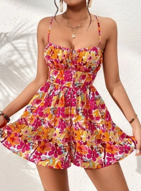 Summer Floral Dress, Square Neck Short Beach Vacation Dress