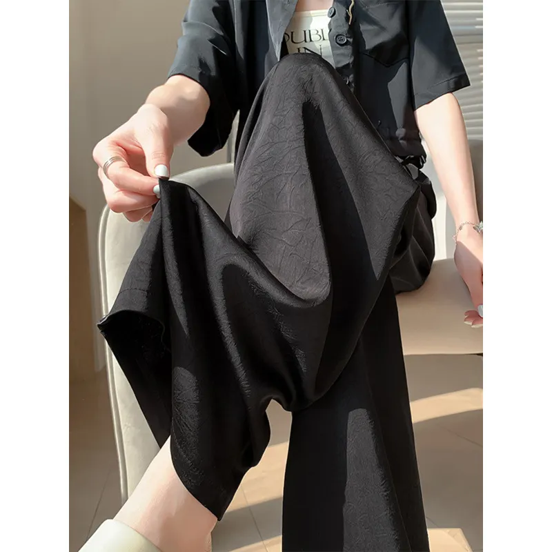 小个子黑色醋酸缎面直筒裤女夏季薄款冰丝潮牌高腰宽松休闲阔腿裤