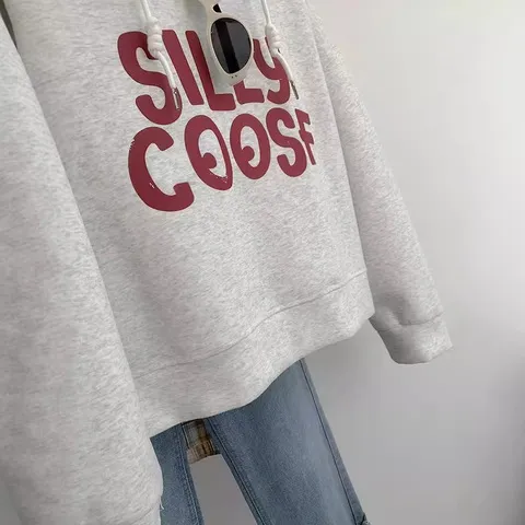 连帽春秋字母外套潮牌卫衣上衣短款慵懒风灰色秋季美式帽衫宽松女