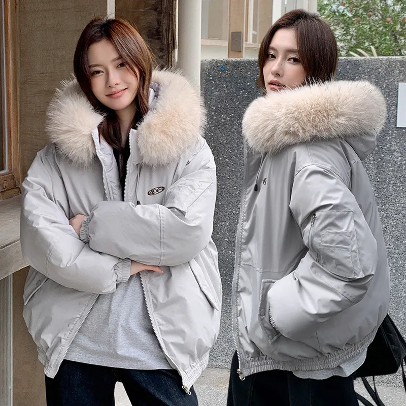 秋冬欧美大毛领加厚女工装棉服