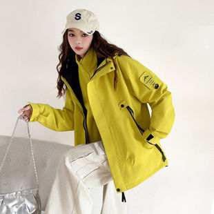 荧光绿冲锋衣外套女春秋季 加厚可拆卸内胆风衣派克服户外登山棉衣