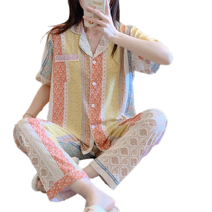 夏天棉绸睡衣女春秋款短袖长裤开衫两件套装少女绵绸家居服人造棉