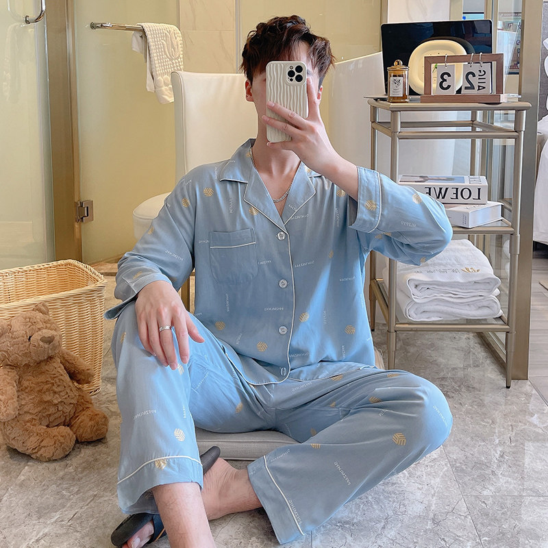 青少年睡衣套装男士春秋青年开衫长袖绵绸家居服翻领夏季棉绸薄款