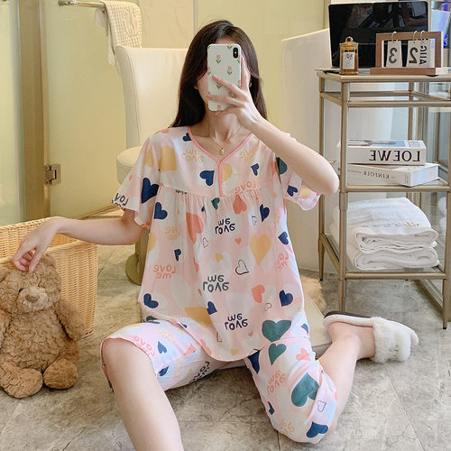 女生棉绸睡衣印花家居服套装