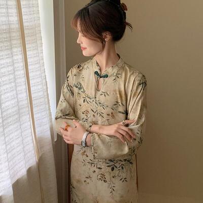 春秋季长袖复古中长裙新中式连衣裙古典棉绸睡裙夏天旗袍睡衣女士