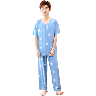 夏季青少年薄款空调服棉绸睡衣套装男孩中大童绵绸家居学生人造棉