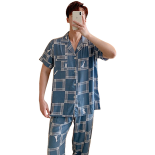 青少年睡衣男士夏季棉绸短袖长裤薄款青年开衫翻领绵绸套装家居服