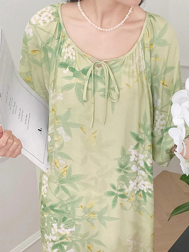 新中国风民族风格棉丝女式睡衣夏季旗袍优雅睡衣系带假日印花棉丝