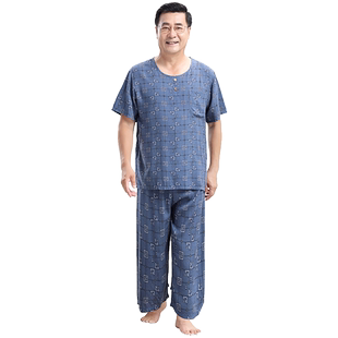 爸爸棉绸睡衣套装男士夏天薄款绵绸中老年家居服爷爷人造棉短袖裤