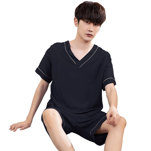 青少年纯棉绸短袖短裤夏季空调家居服套装绵绸薄款人造棉男士睡衣