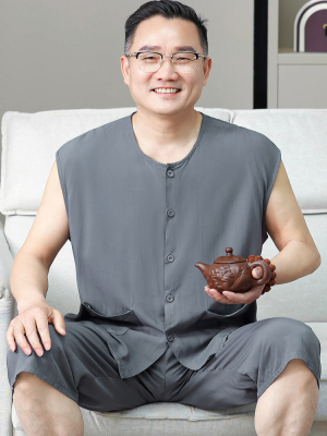 中老年棉丝睡衣套装男无袖背心家装爸爸夏天瘦老头爷爷运动衫
