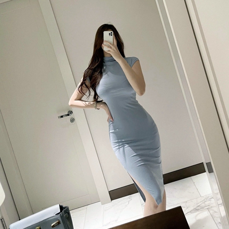 无袖露肩半高领连衣裙女秋新款气