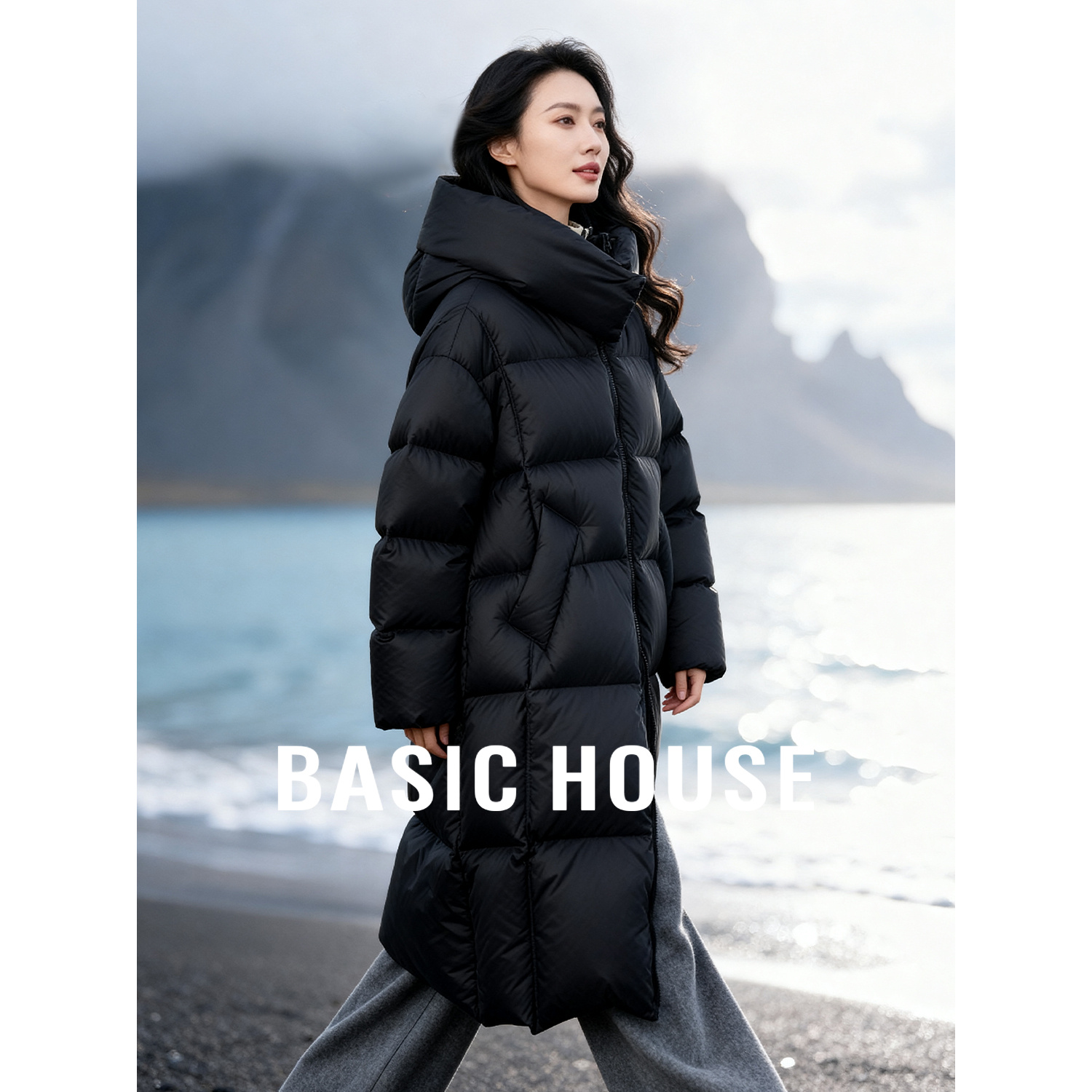 Basic House/百家好中长款连帽羽绒服女双拉链宽松保暖白鸭绒外套