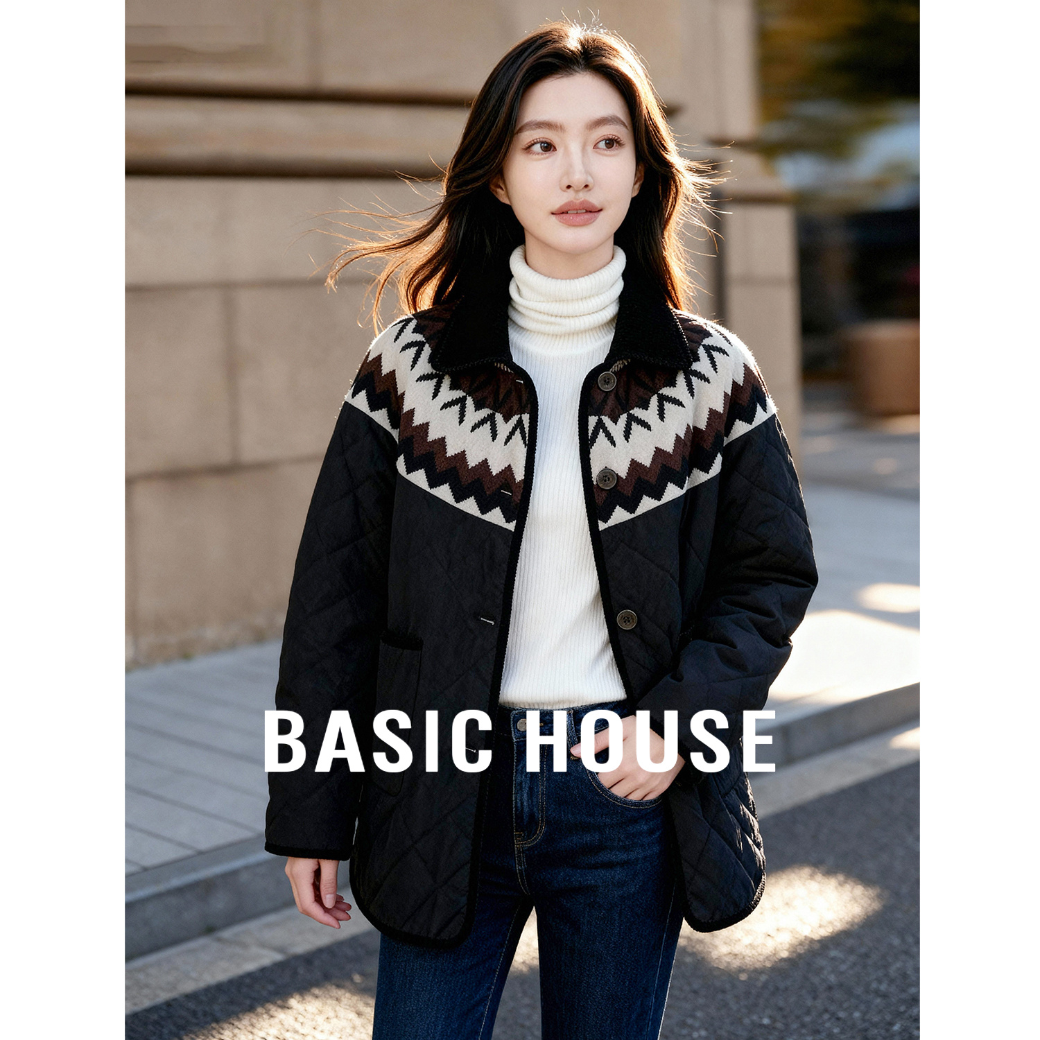 Basic House/百家好韩系复古撞色棉服25冬季轻薄保暖加厚宽松外套