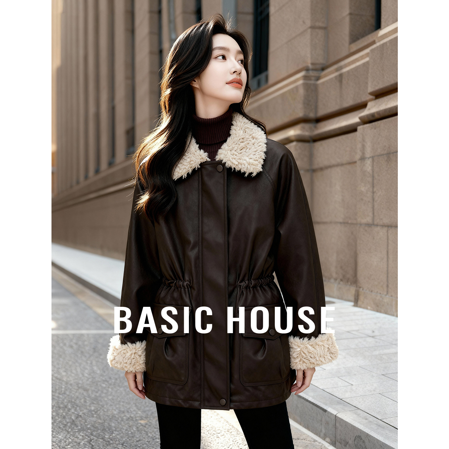 百家好复古皮毛一体外套女2025冬季新款仿羊羔毛高级感保暖PU外套