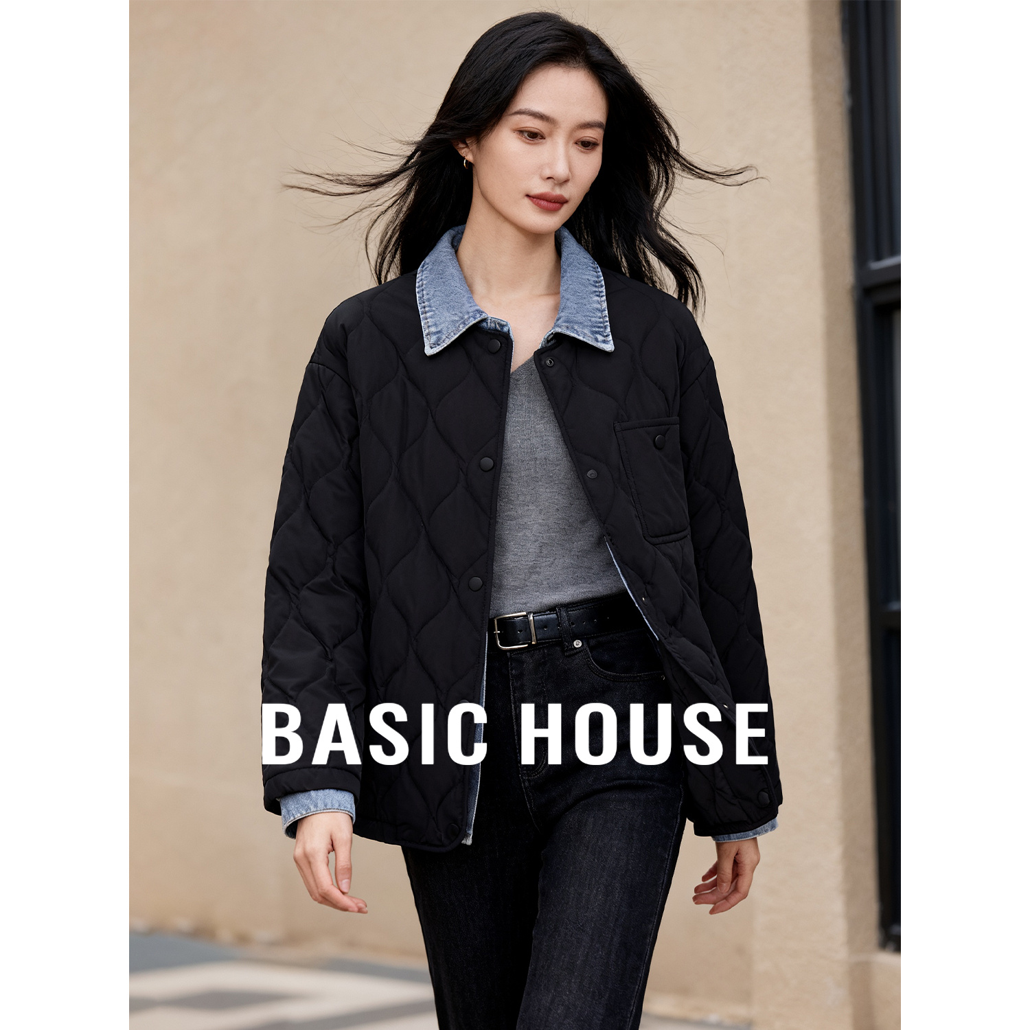 Basic House/百家好假两件拼接牛仔领羽绒服25秋冬小个子翻领外套