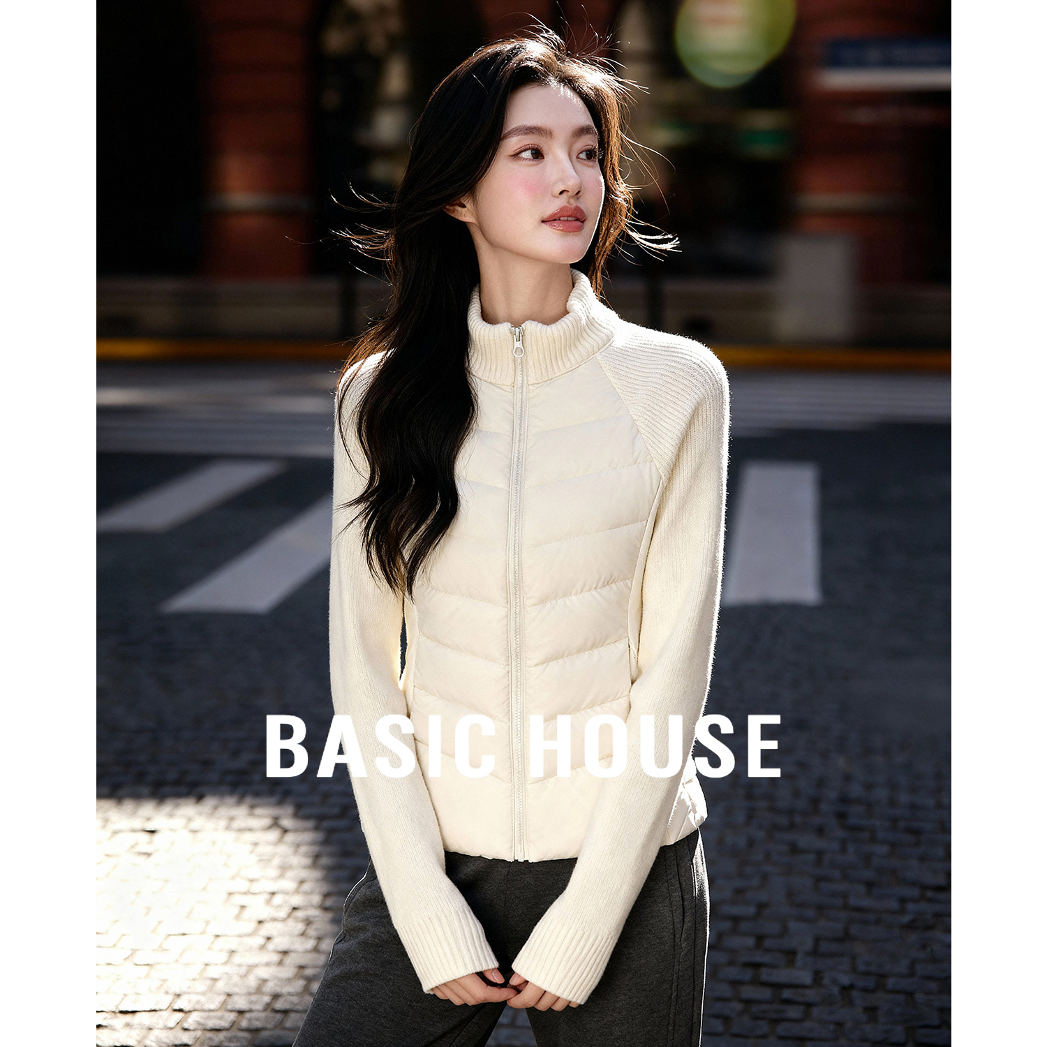 百家好立领针织拼接排骨棉服女冬季新款短款收腰修身保暖棉服外套