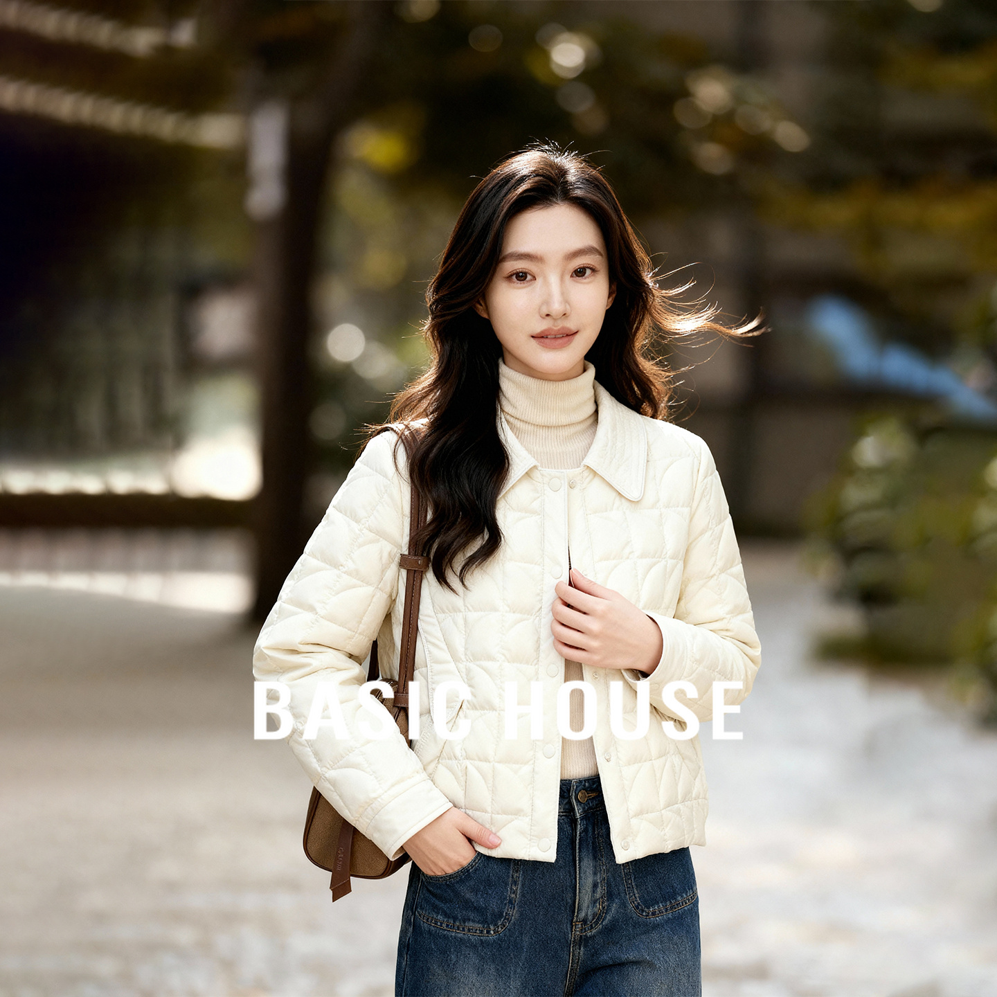 Basic House/百家好翻领短款羽绒服女秋冬新款菱格设计感保暖外套