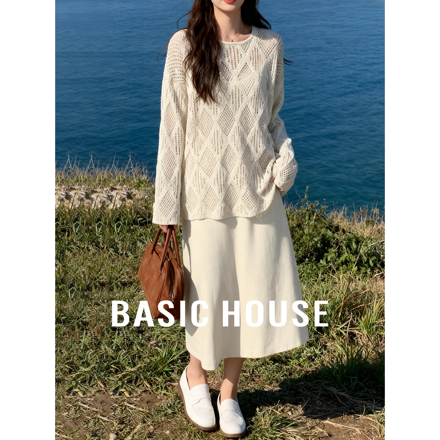 Basic House/百家好秋季韩系套装绵羊毛镂空针织衫吊带长裙两件套