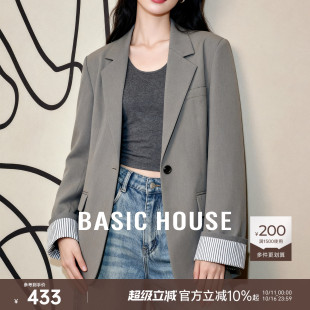 外套女洋气减龄袖 Basic 西装 百家好气质经典 口条纹拼接上衣 House