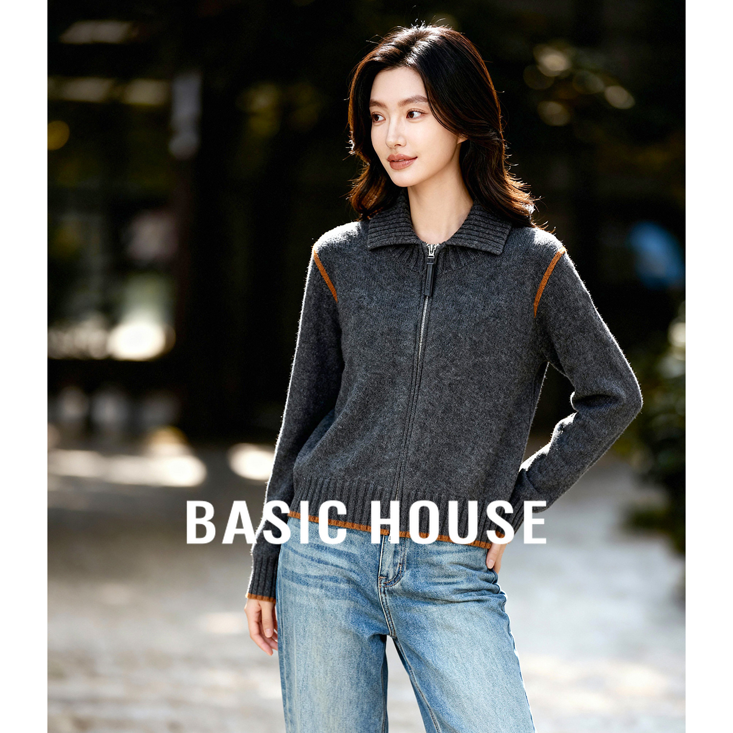 Basic House/百家好撞色拼接缝边设计上衣女25秋冬慵懒风翻领毛衣