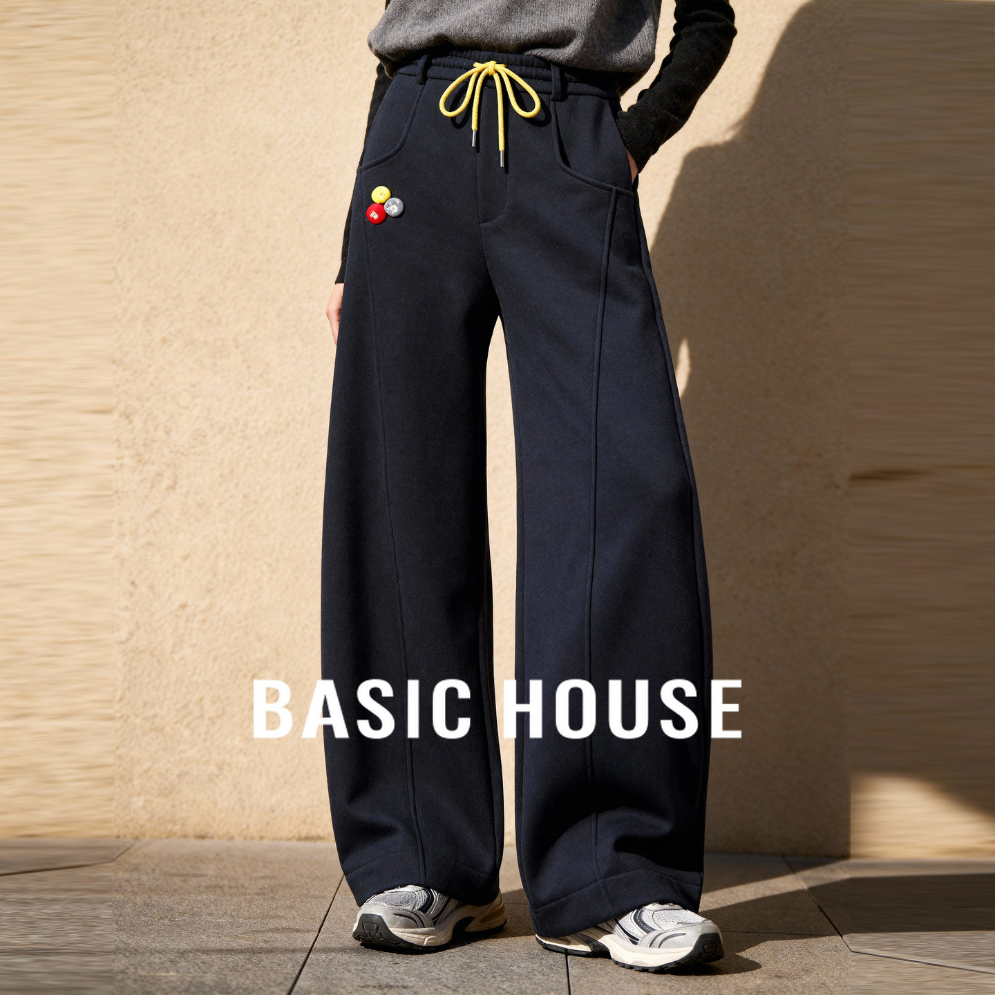 百家好撞色抽绳阔腿裤25冬季新款显瘦小个子休闲裤运动灯笼裤长裤