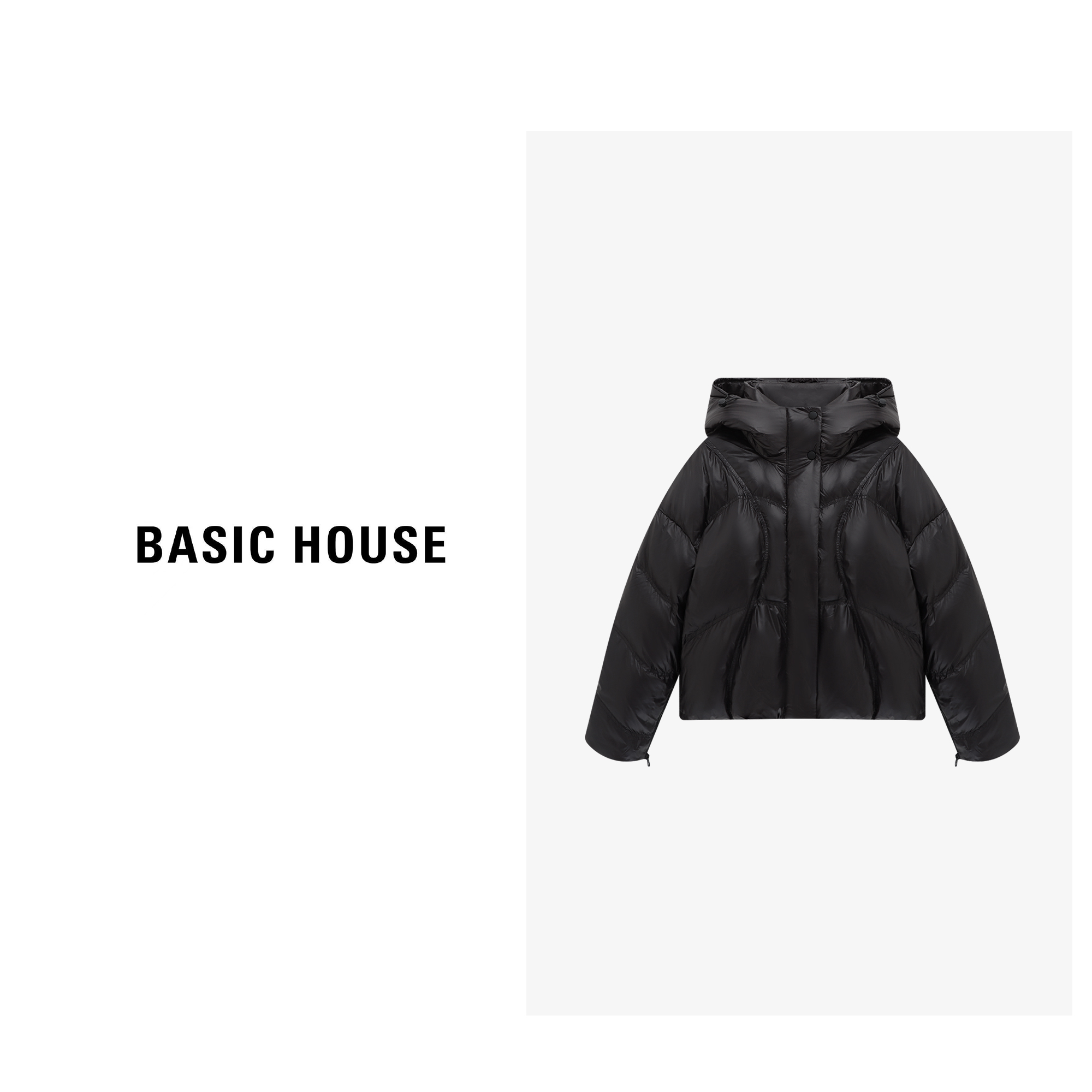 Basic House/百家好压纹连帽外套25冬新款短款显瘦复古保暖羽绒服