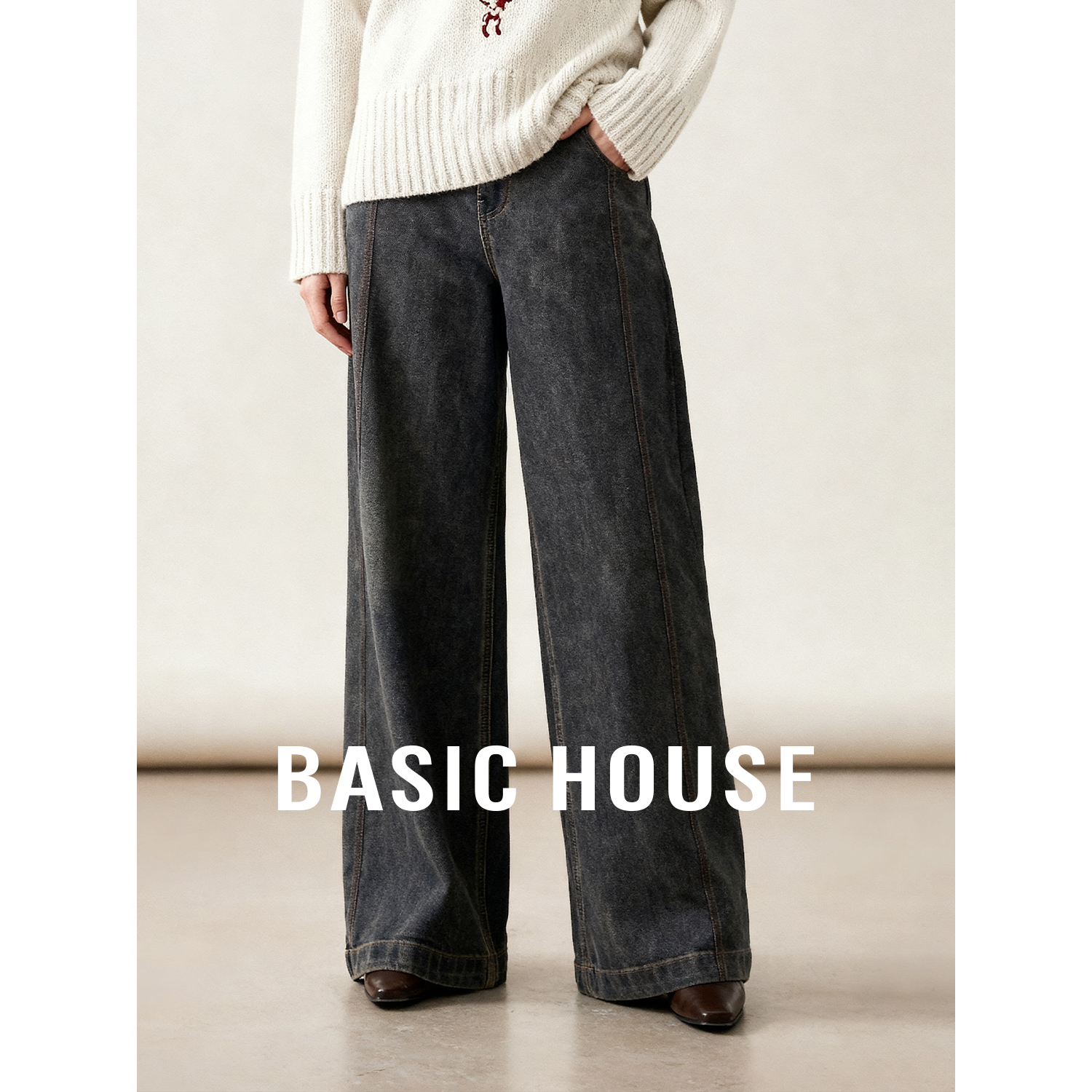 BasicHouse/百家好莱赛尔复古阔腿牛仔裤休闲垂感百搭显瘦裤女子 - 封面