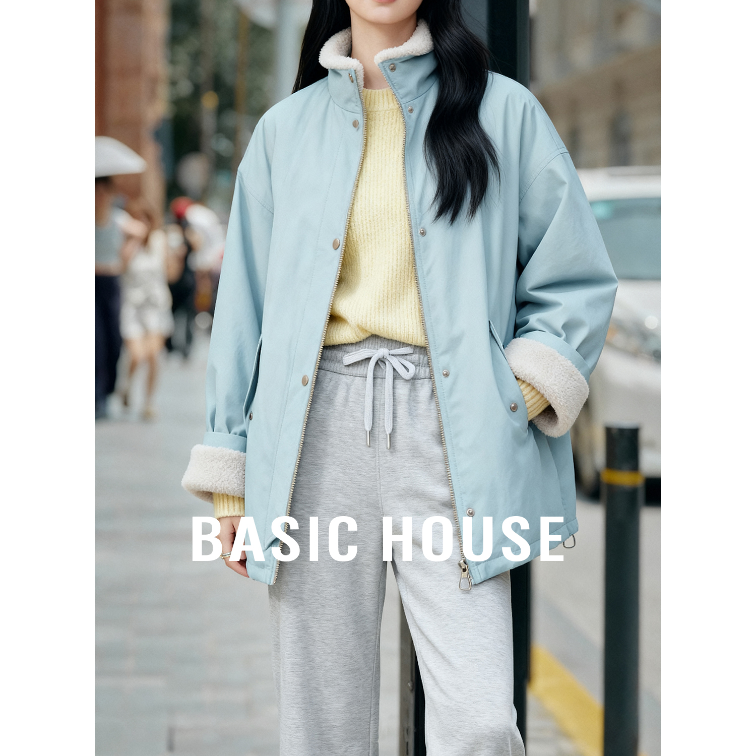 Basic House/百家好韩版拼接立领中长款外套冬季保暖百搭毛绒上衣