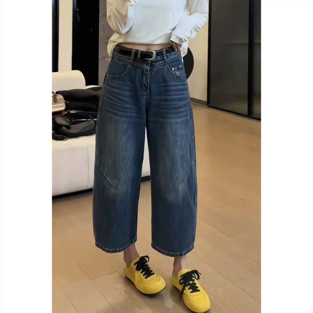 珍夏女装窄版阔腿牛仔裤子女夏季梨形身材显瘦裤大码胖妹妹萝卜裤