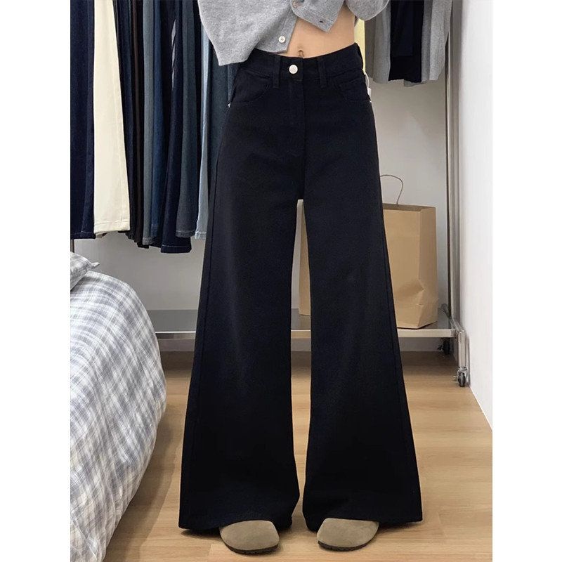 阔腿A版牛仔裤女大码黑色宽松不贴腿喇叭裤高腰显瘦梨形身材裤子