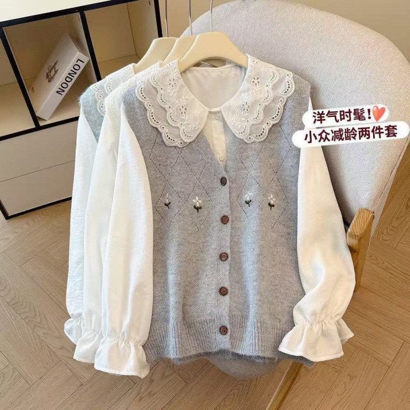 2025秋新款遮肉时髦洋气娃娃领衬衫针织马甲两件套装