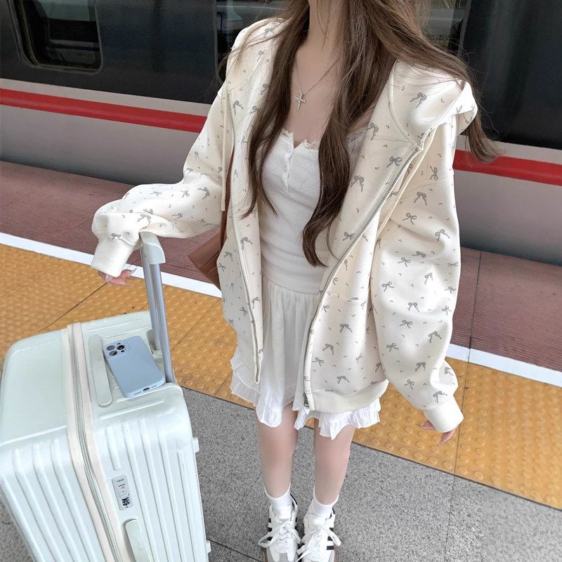 学院风蝴蝶结卫衣外套女秋冬款韩版拉链连帽宽松休闲百搭开衫上衣