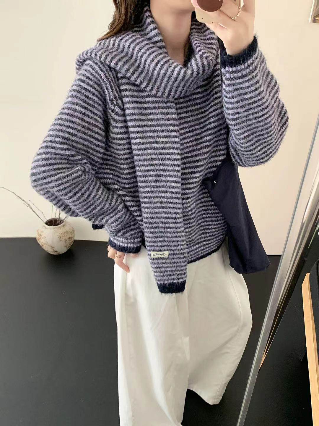 2025秋冬季新款针织衫韩系慵懒风奶FUFU围巾两件套宽松减龄毛衣女