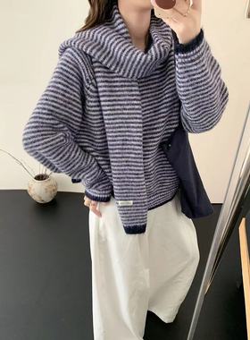 条纹加厚两件套毛衣外套2025秋冬季慵懒风宽松翻领针织衫羊毛上衣