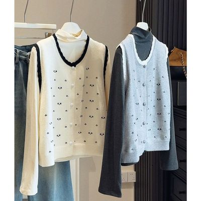 韩系刺绣叠穿针织毛衣马甲背心女25秋冬软糯半高领打底衫上衣套装