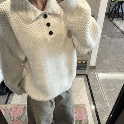 美式复古polo翻领米白色毛衣女秋冬宽松慵懒风套头粗针针织衫上衣