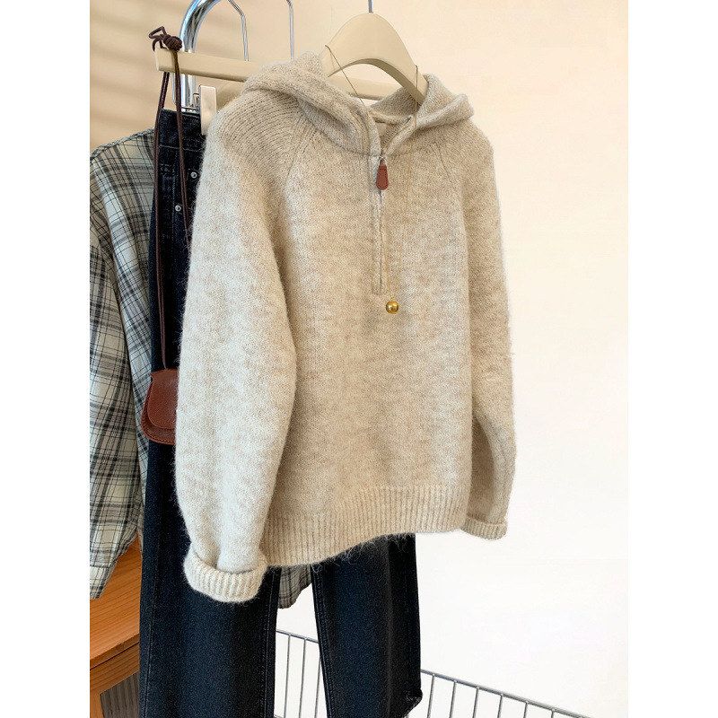 KANING半拉链套头连帽毛衣女秋新款慵懒风软糯打底上衣加厚针织衫