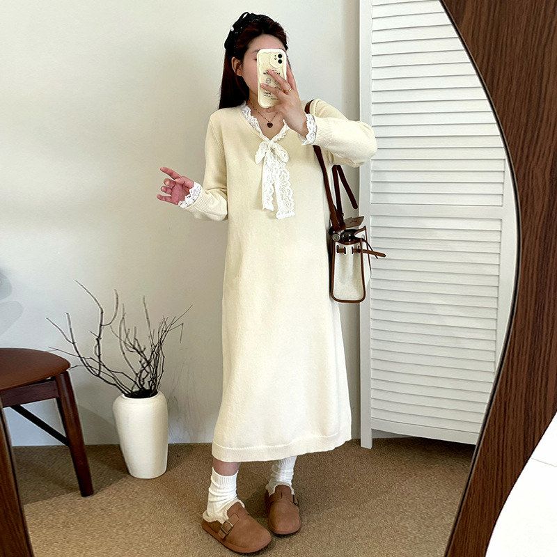 大码女装v领绑带花边针织裙女连衣裙2025冬款胖mm宽松毛衣裙23278